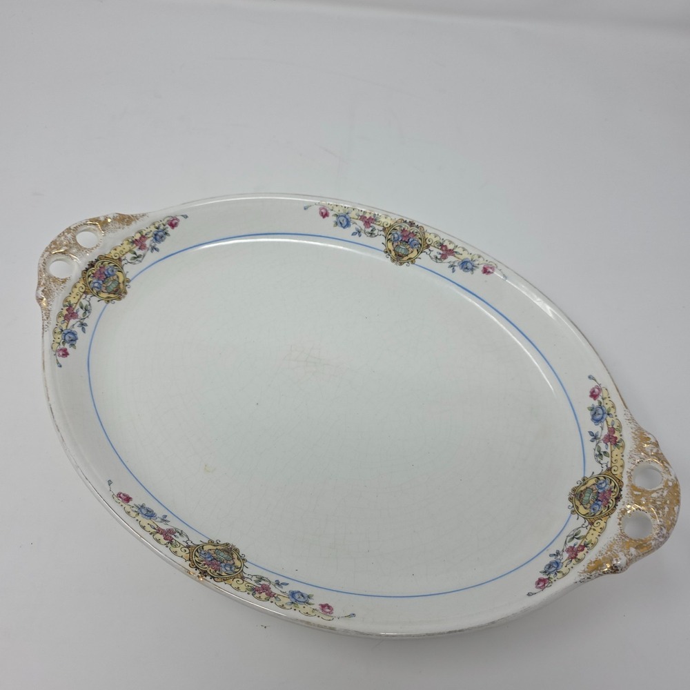 Canonsburg China Oval Serving Platter White Floral Gold Trim Vintage Handles
